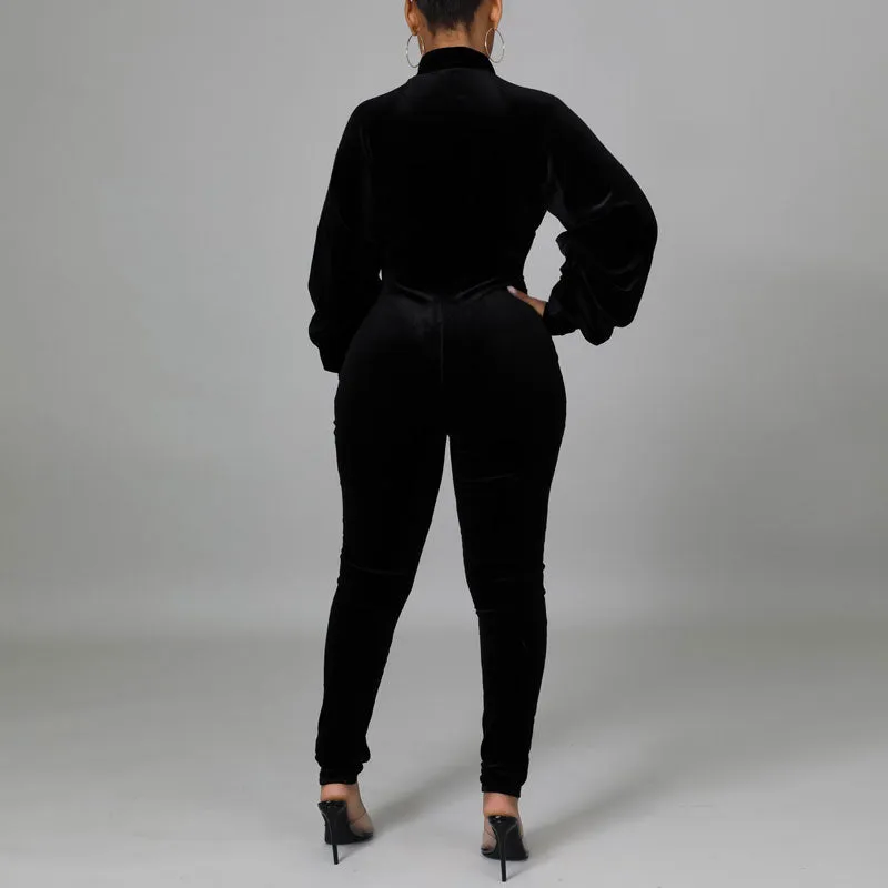 Solid Lantern Sleeve Zipper Design Sheer Mesh Jumpsuit