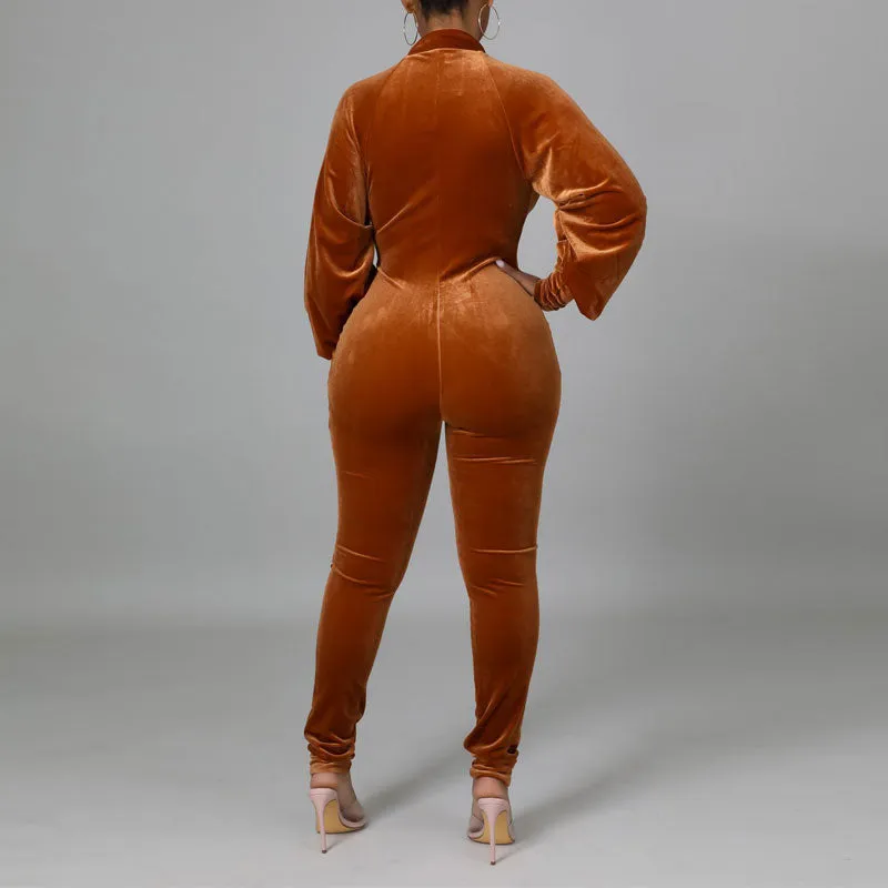Solid Lantern Sleeve Zipper Design Sheer Mesh Jumpsuit
