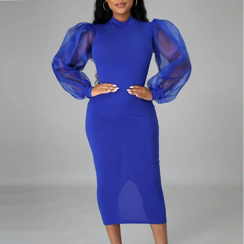 Solid Mesh Lantern Sleeve Midi Dress
