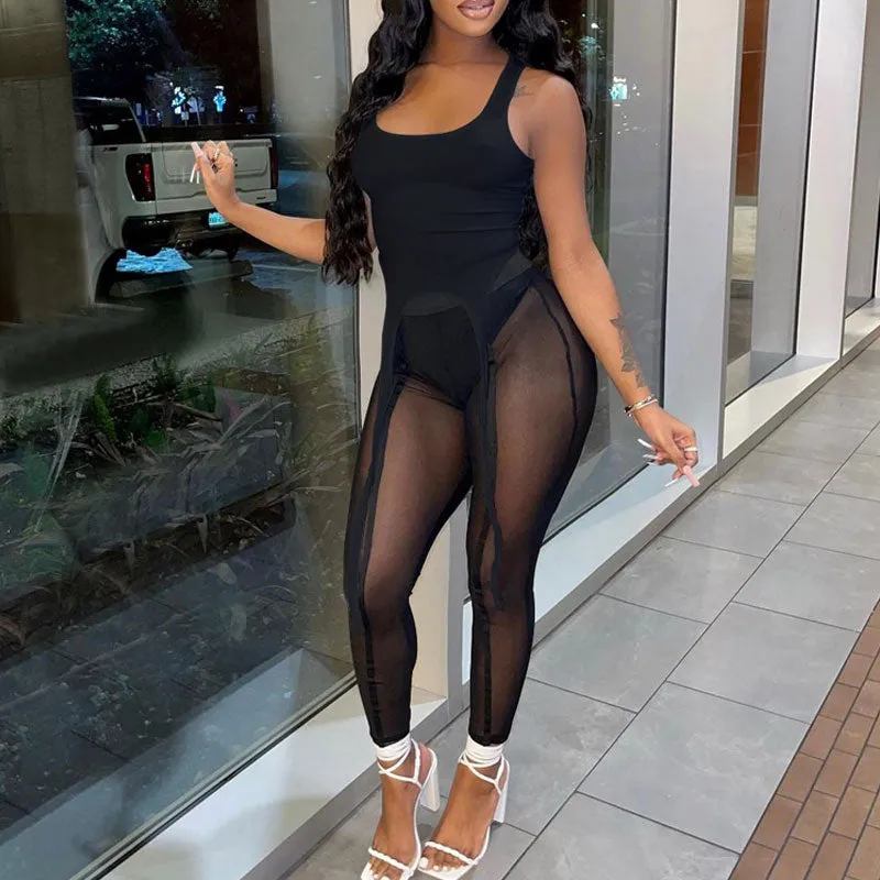Solid Sheer Mesh 2PCS Pants Set
