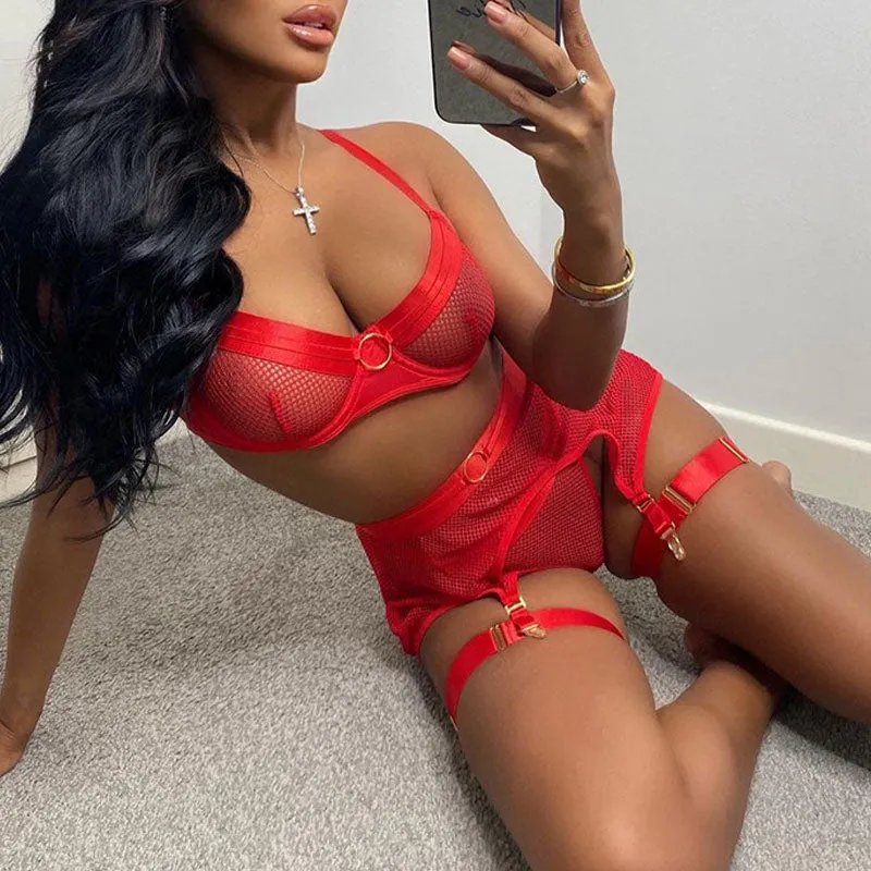 Solid Sheer Mesh Bandage Garter Lingerie Set
