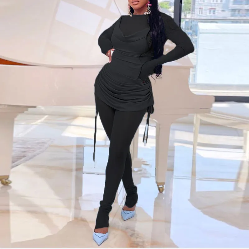 Solid Sheer Mesh Long Sleeve Ruched Top & Pants Set