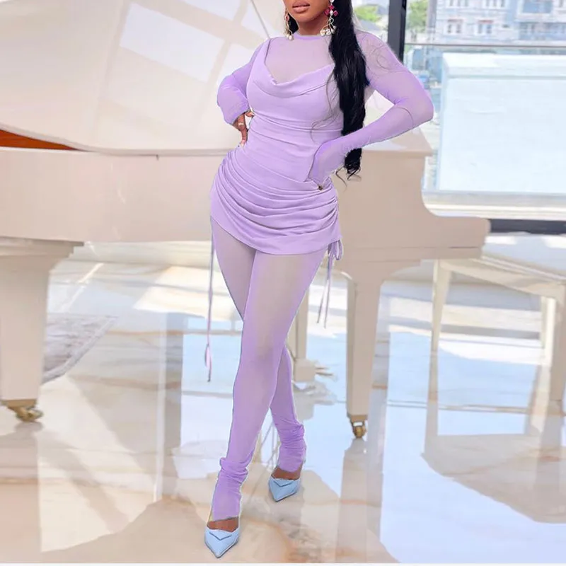 Solid Sheer Mesh Long Sleeve Ruched Top & Pants Set