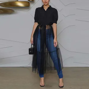 Solid Short Sleeve Sheer Mesh Patchwork Dress