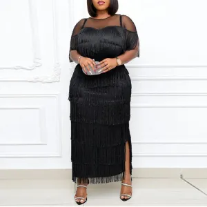 Solid Short Sleeve Sheer Mesh Patchwork Tassel Design Dress