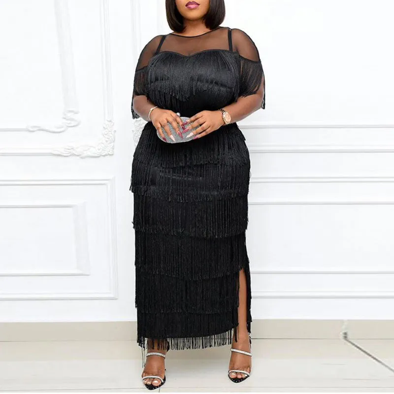 Solid Short Sleeve Sheer Mesh Patchwork Tassel Design Dress