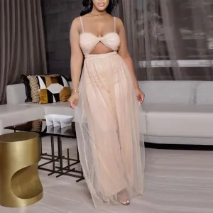 Solid Sleeveless Cut Out Sheer Mesh Jumpsuit