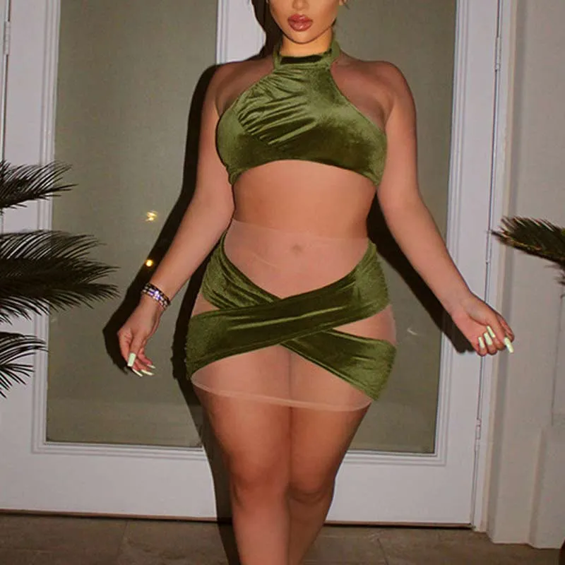 Solid Sleeveless Tube Top & Sheer Mesh Skirt Set