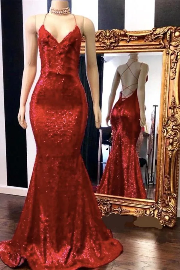 Spaghetti Straps Lace-up Red Sequins V-neck Mermaid Prom Dresses