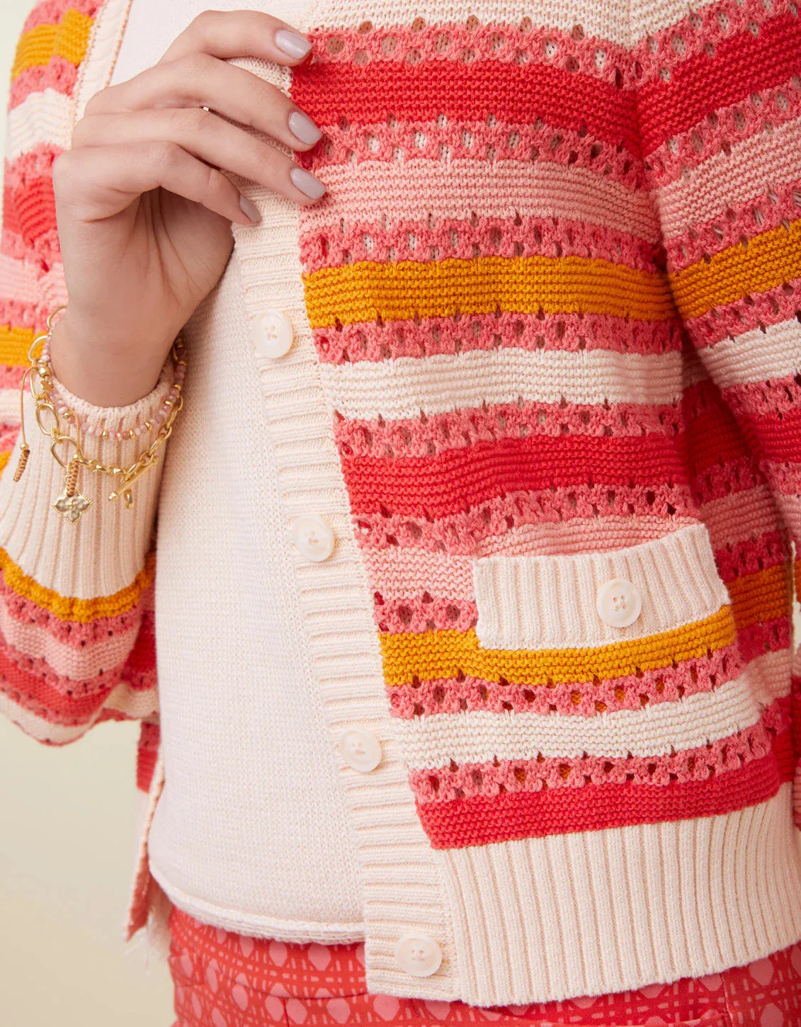 Spartina 449 Gidget Crochet Cardigan Coral Rose Stripe
