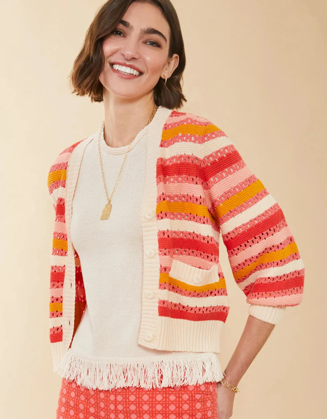 Spartina 449 Gidget Crochet Cardigan Coral Rose Stripe