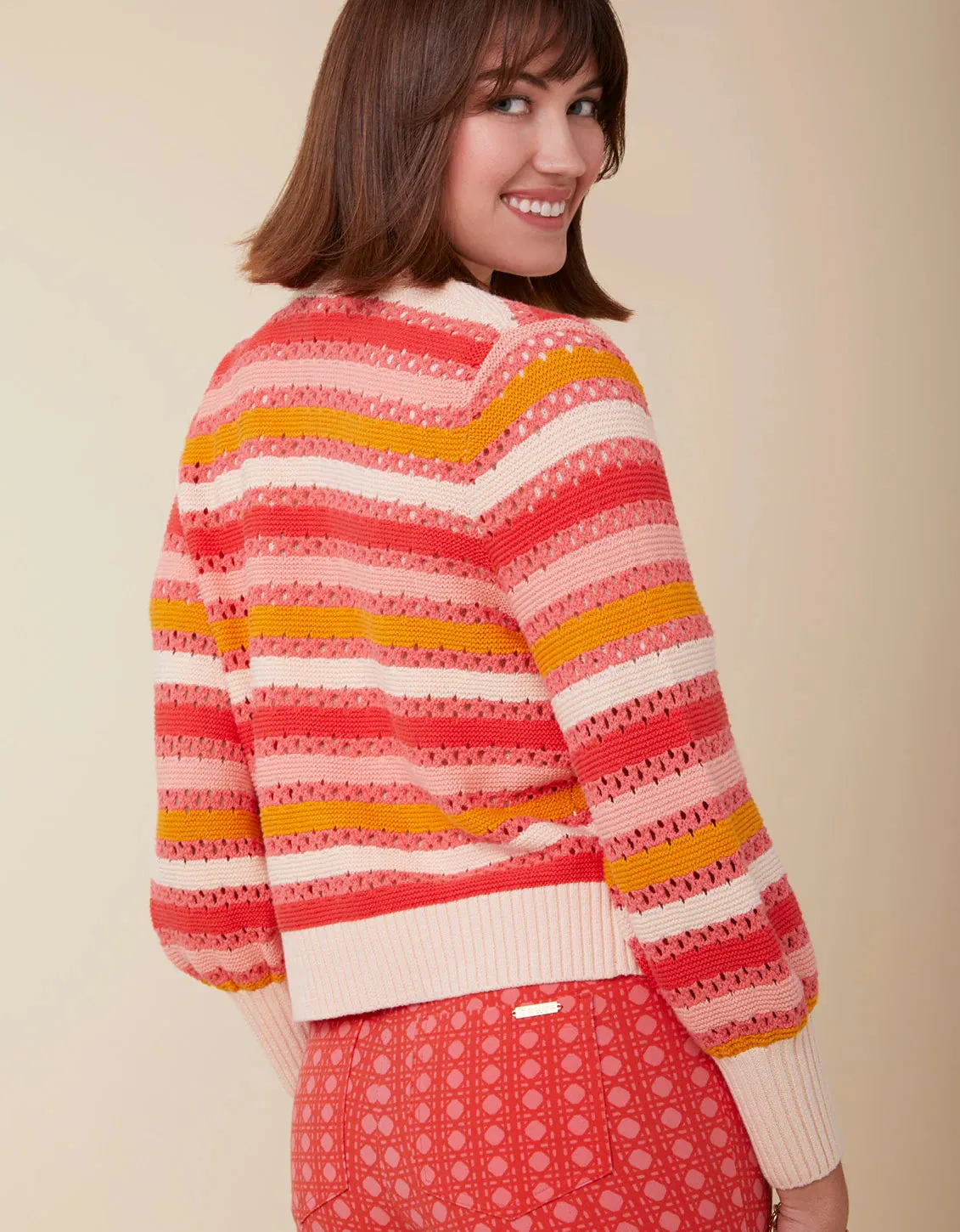 Spartina 449 Gidget Crochet Cardigan Coral Rose Stripe