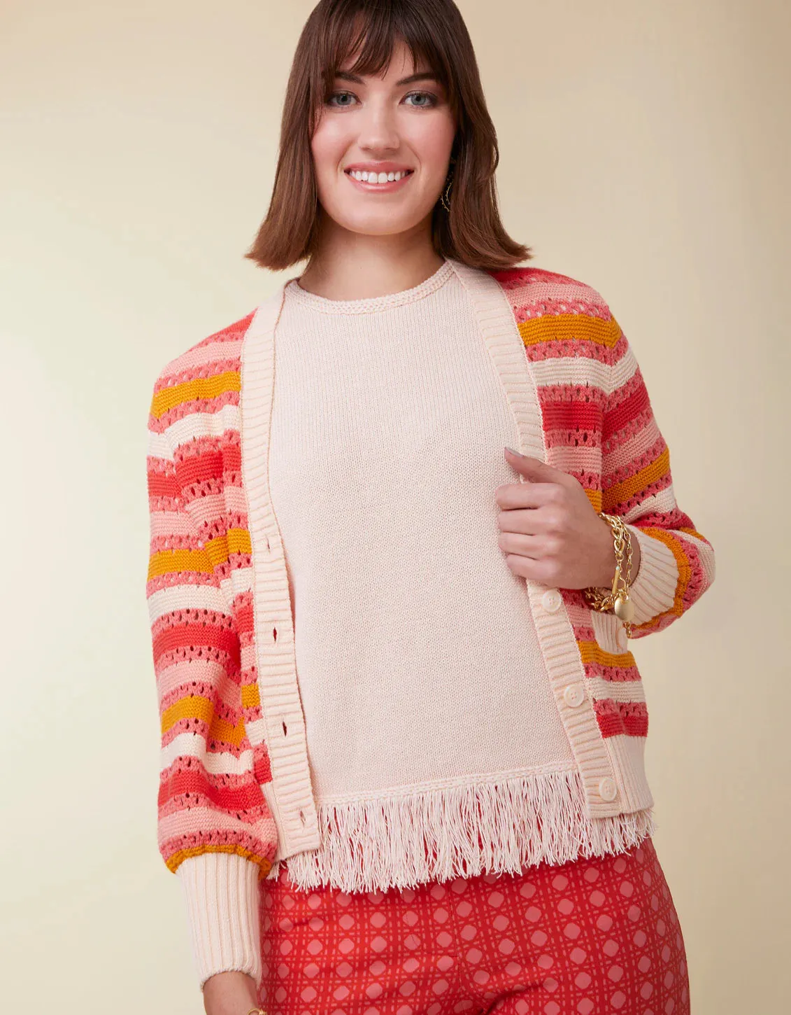 Spartina 449 Gidget Crochet Cardigan Coral Rose Stripe