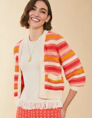 Spartina 449 Gidget Crochet Cardigan Coral Rose Stripe