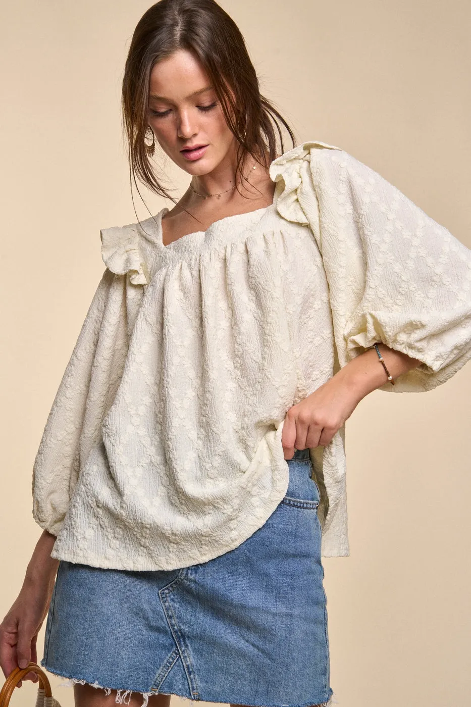 Square Neck Dolman Sleeve Blouse in Ivory
