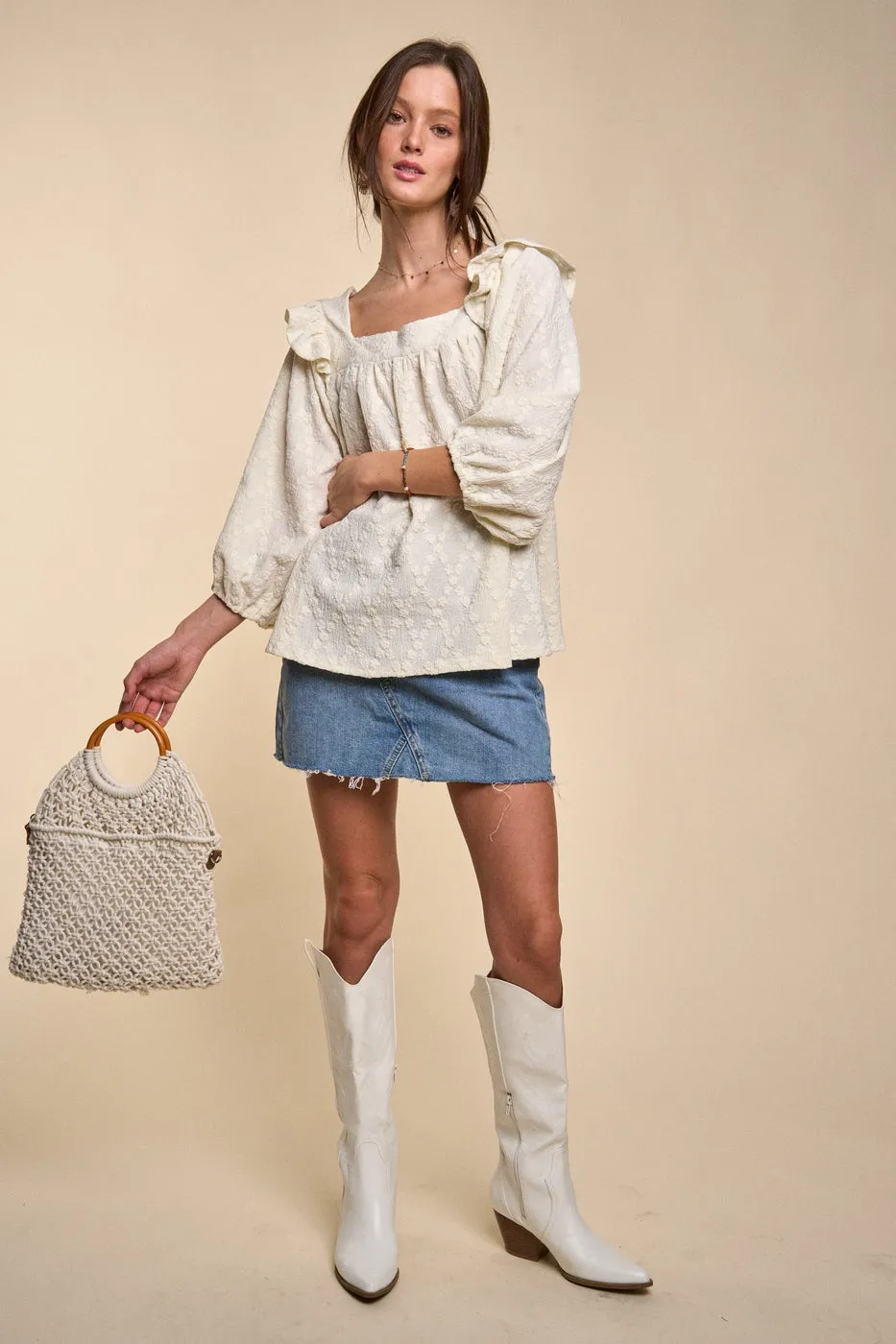 Square Neck Dolman Sleeve Blouse in Ivory