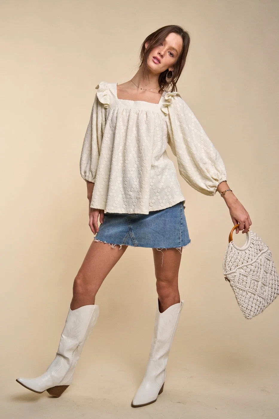 Square Neck Dolman Sleeve Blouse in Ivory