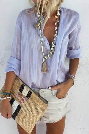 Street Striped Buttons V Neck Blouses (3 Colors)