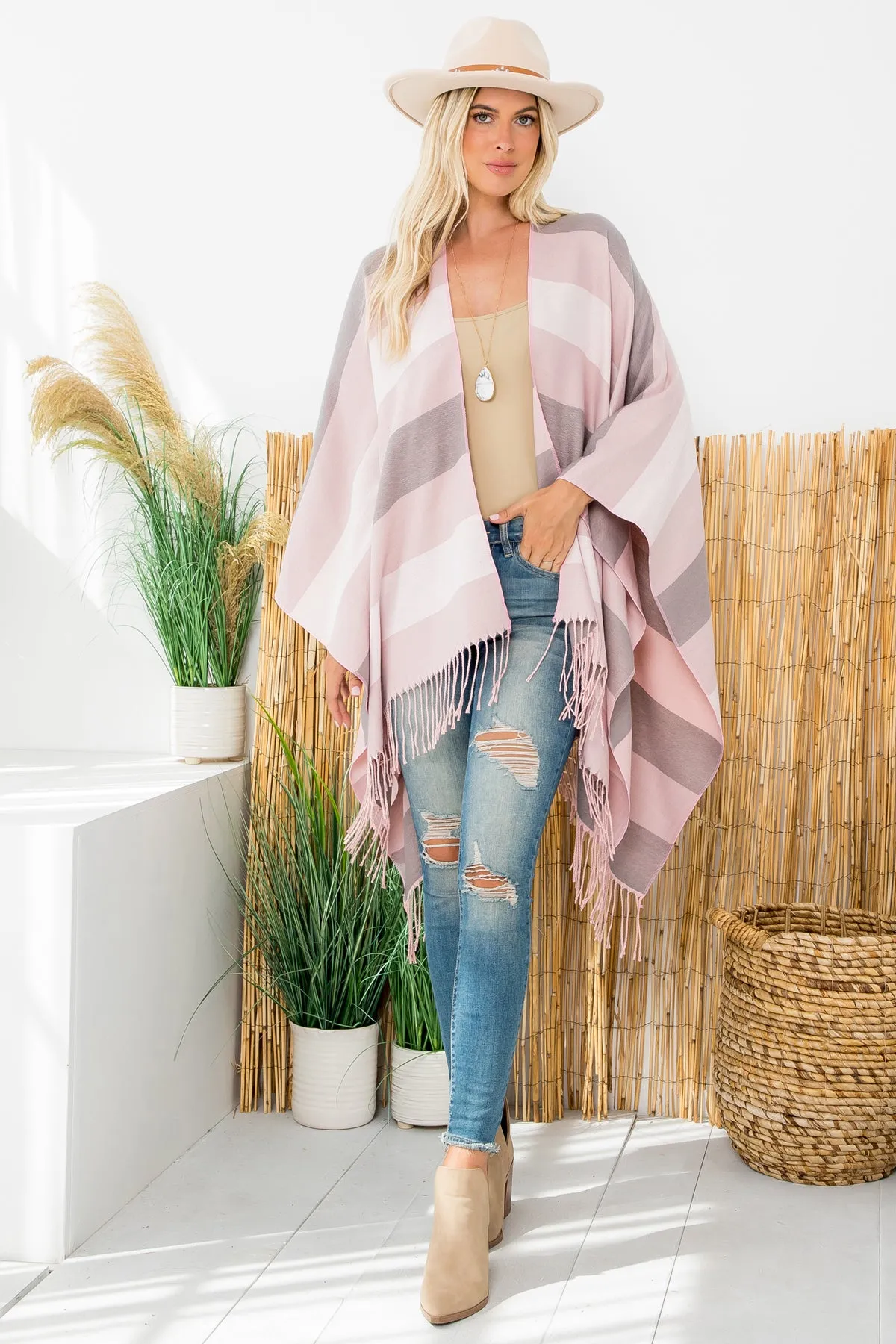 STRIPE PRINT OPEN FRONT FRINGE KIMONO