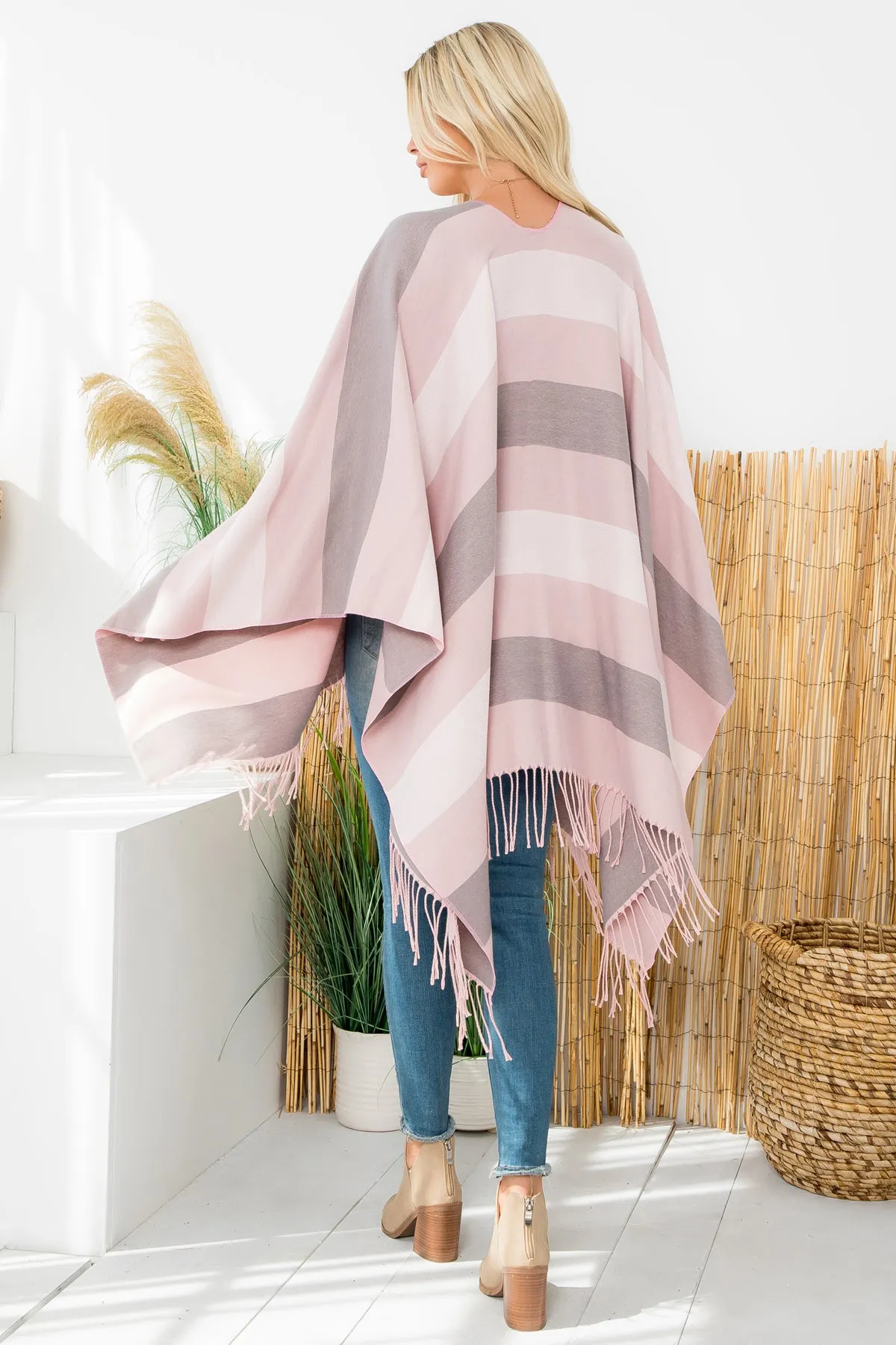 STRIPE PRINT OPEN FRONT FRINGE KIMONO