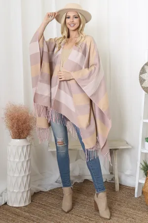 STRIPE PRINT OPEN FRONT FRINGE KIMONO