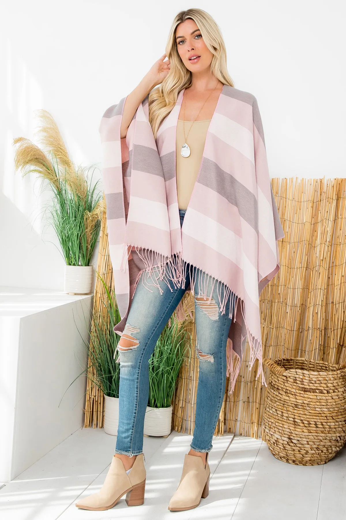 STRIPE PRINT OPEN FRONT FRINGE KIMONO