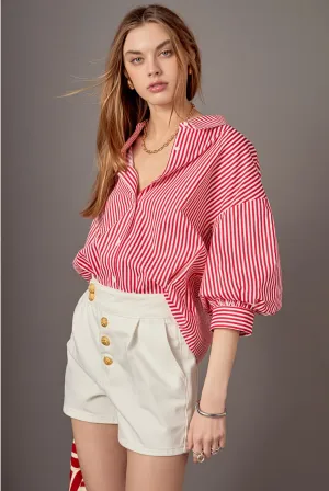 Striped Balloon Sleeve Shirt - Red