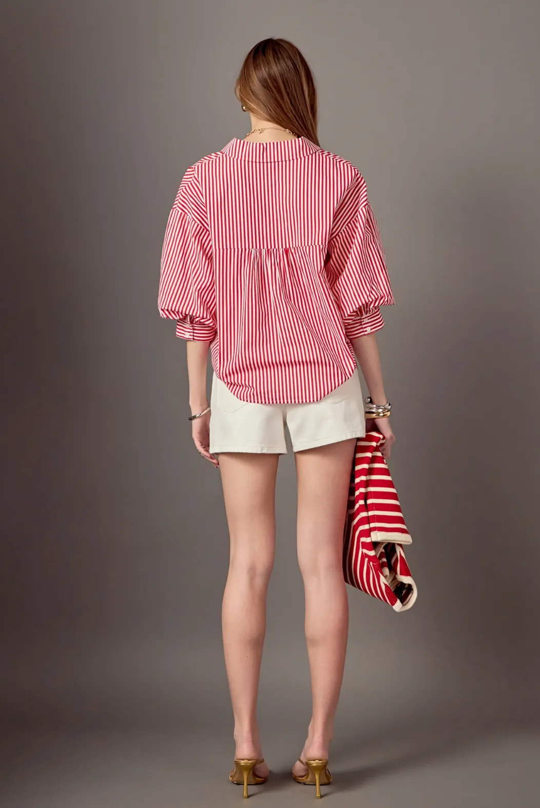 Striped Balloon Sleeve Shirt - Red