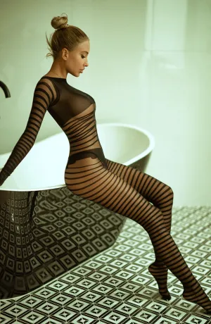 Striped black crotchless bodystocking - Ximena