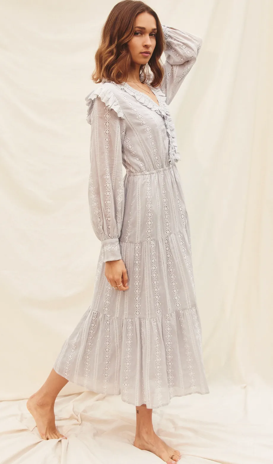 Striped Eyelet Ruffled Tiered Dress