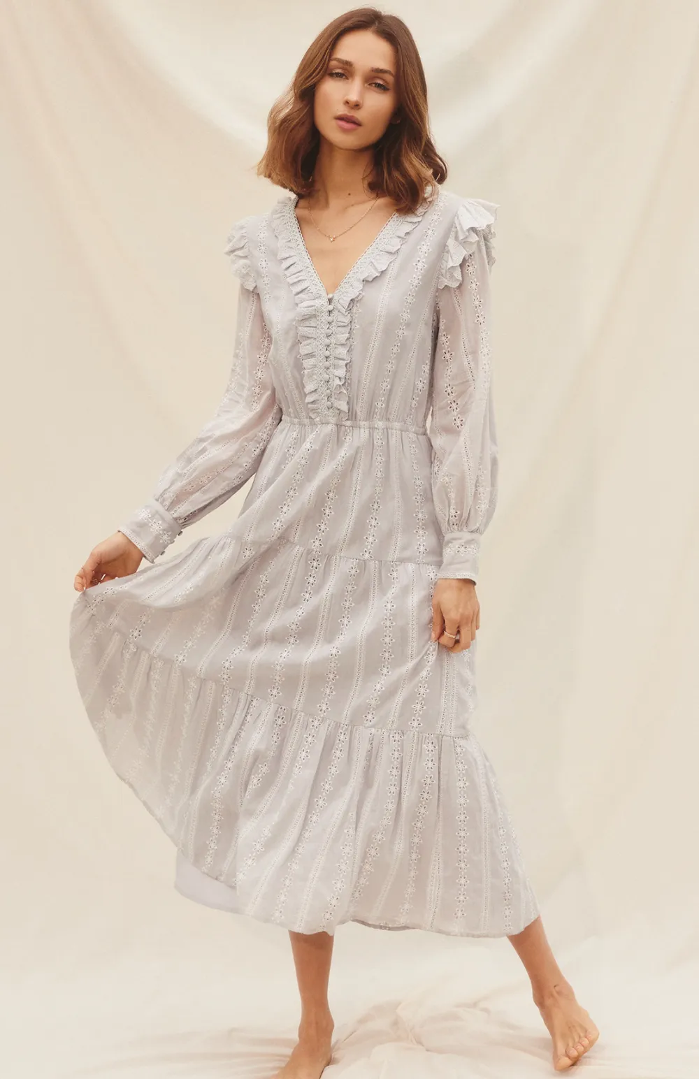 Striped Eyelet Ruffled Tiered Dress