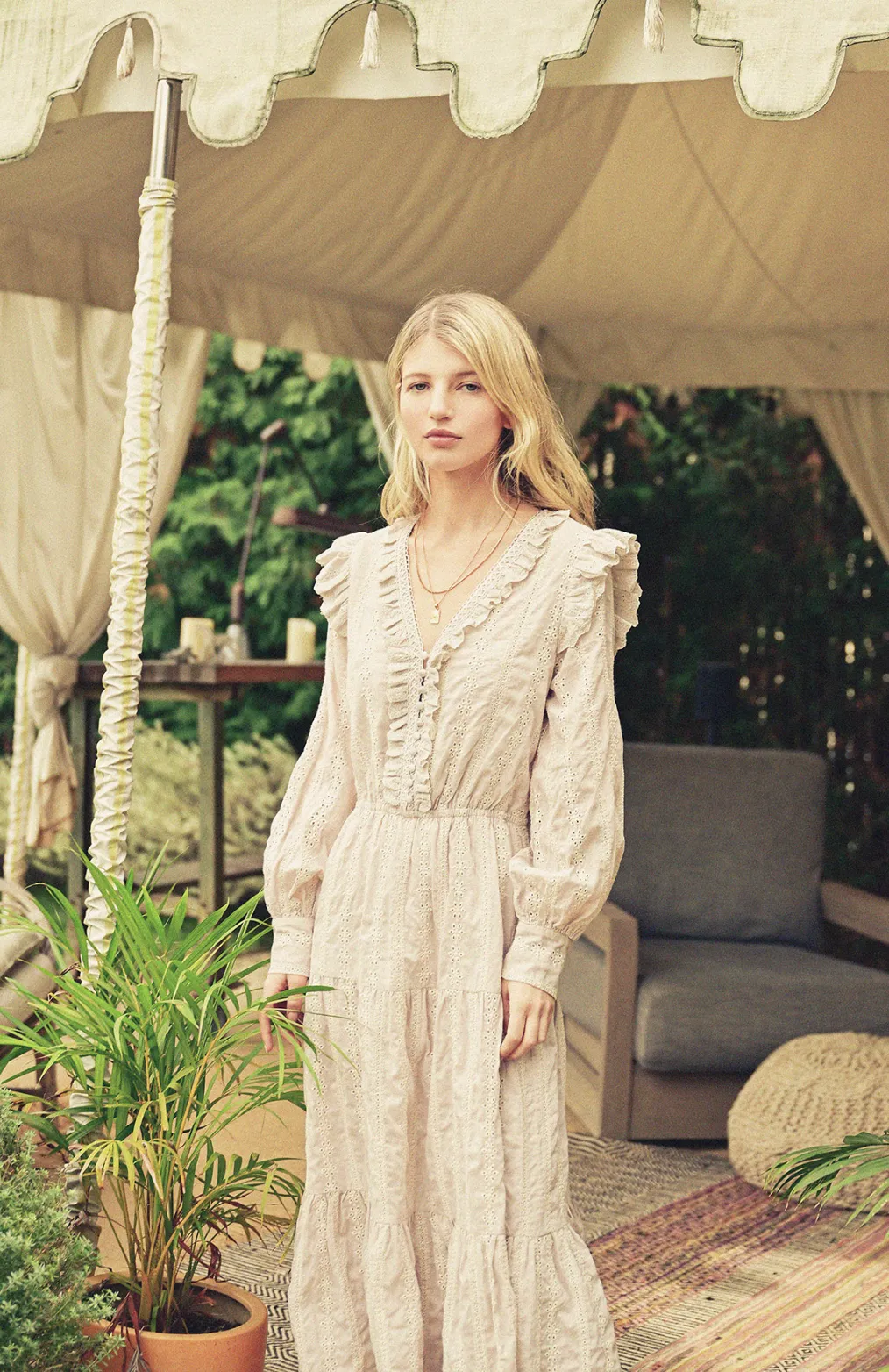 Striped Eyelet Ruffled Tiered Dress