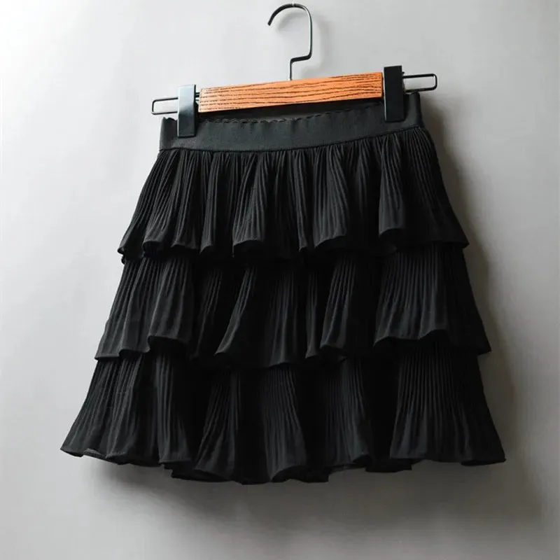 Summer Women Elasticity Waist Mini Skirt Casual Cake Skirts Pleated Skirts