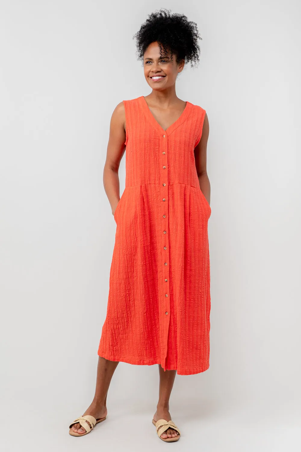 Sundown Cerise Textured Seersucker Midi Dress