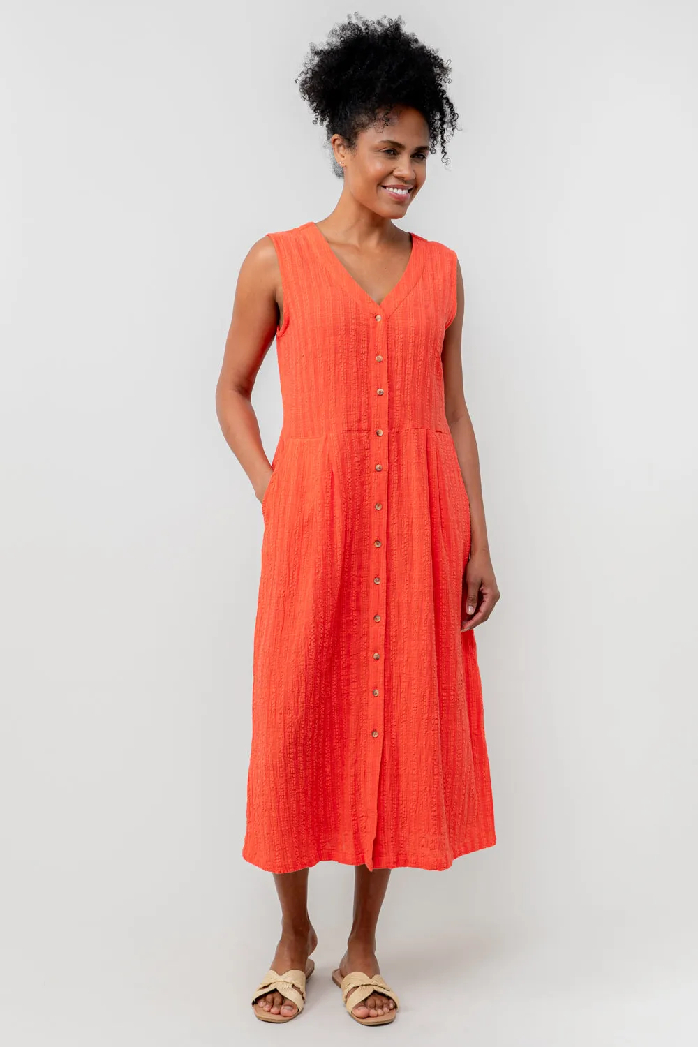 Sundown Cerise Textured Seersucker Midi Dress