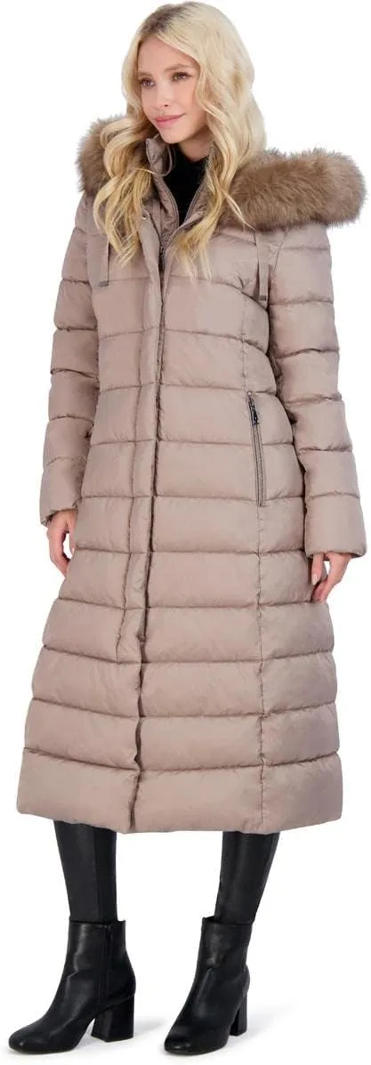 Tahari Womens Puffer Maxi Winter Coat with Removable Faux Fur Trim