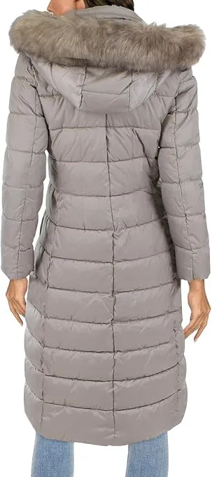 Tahari Womens Puffer Maxi Winter Coat with Removable Faux Fur Trim