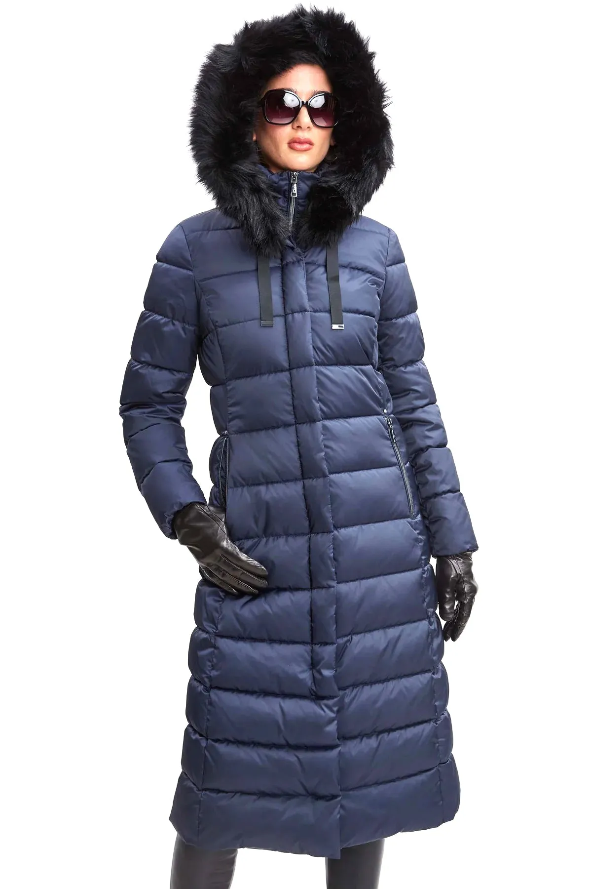 Tahari Womens Puffer Maxi Winter Coat with Removable Faux Fur Trim