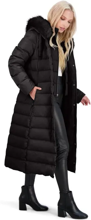 Tahari Womens Puffer Maxi Winter Coat with Removable Faux Fur Trim