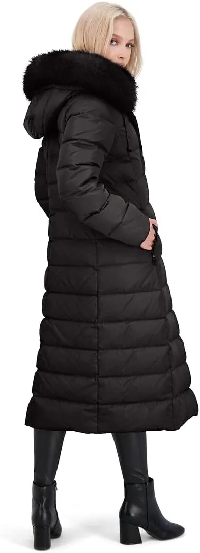 Tahari Womens Puffer Maxi Winter Coat with Removable Faux Fur Trim