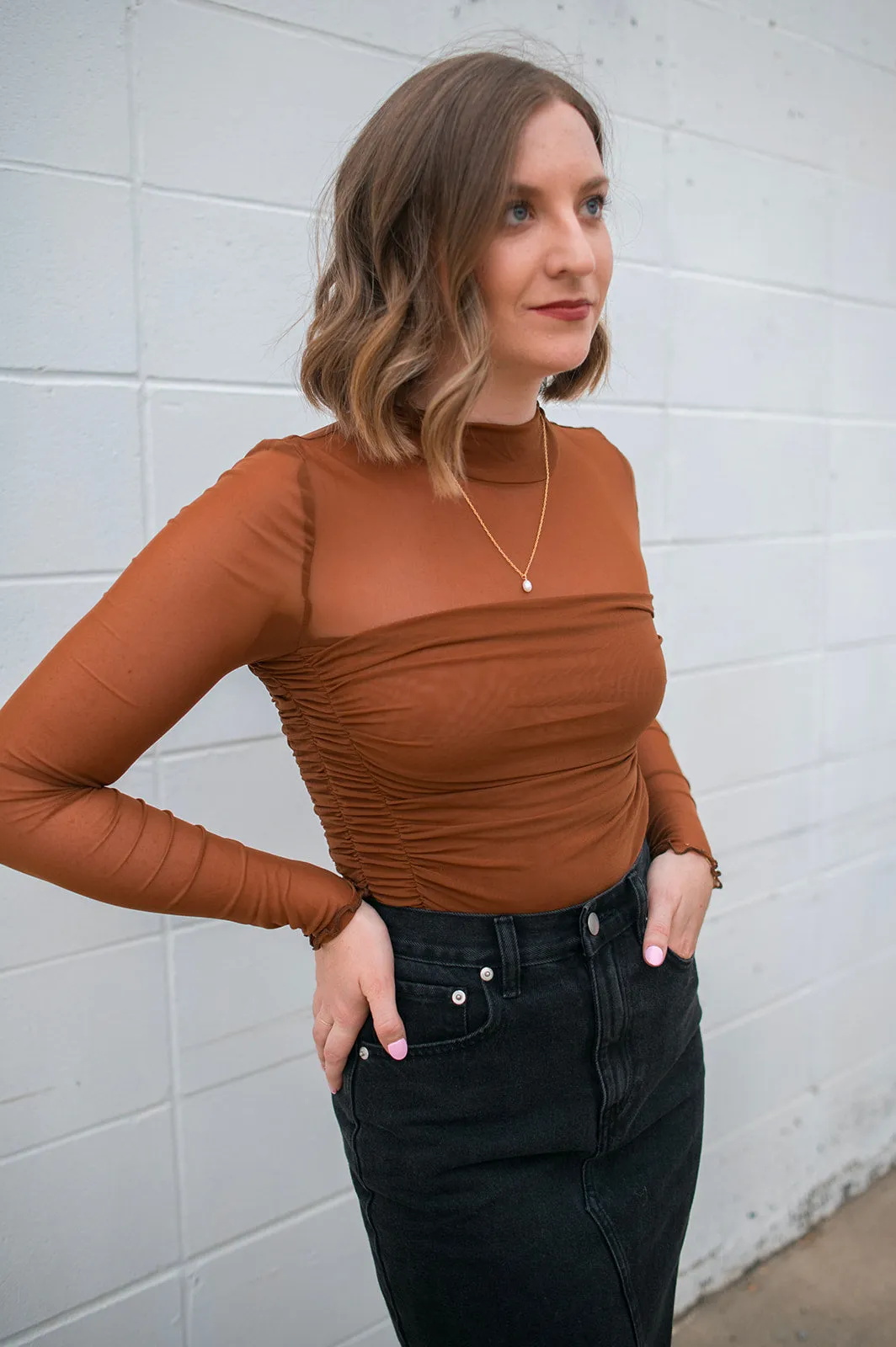 The Maya Layered Mesh Bodysuit - Chestnut