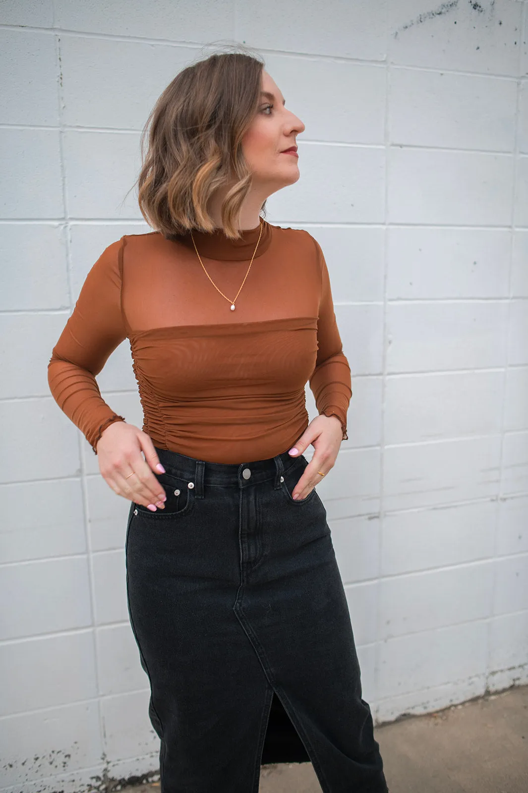The Maya Layered Mesh Bodysuit - Chestnut