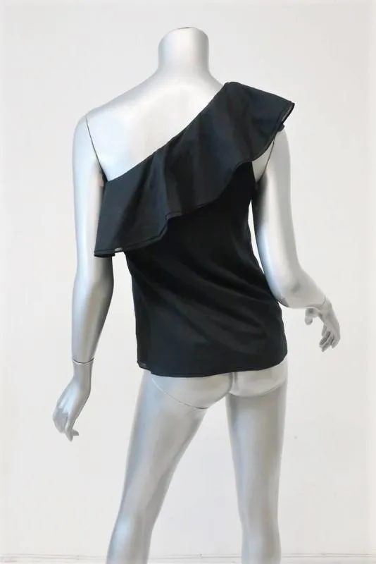 Theory One Shoulder Top Damarill Black Ruffled Cotton Size Petite