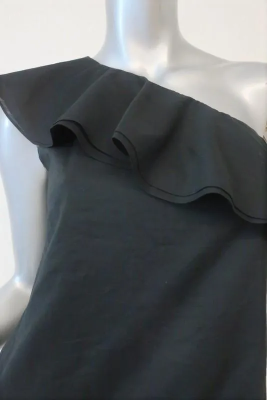 Theory One Shoulder Top Damarill Black Ruffled Cotton Size Petite
