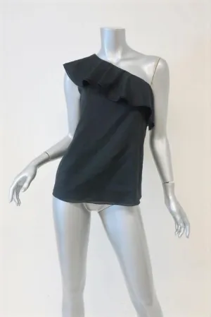 Theory One Shoulder Top Damarill Black Ruffled Cotton Size Petite