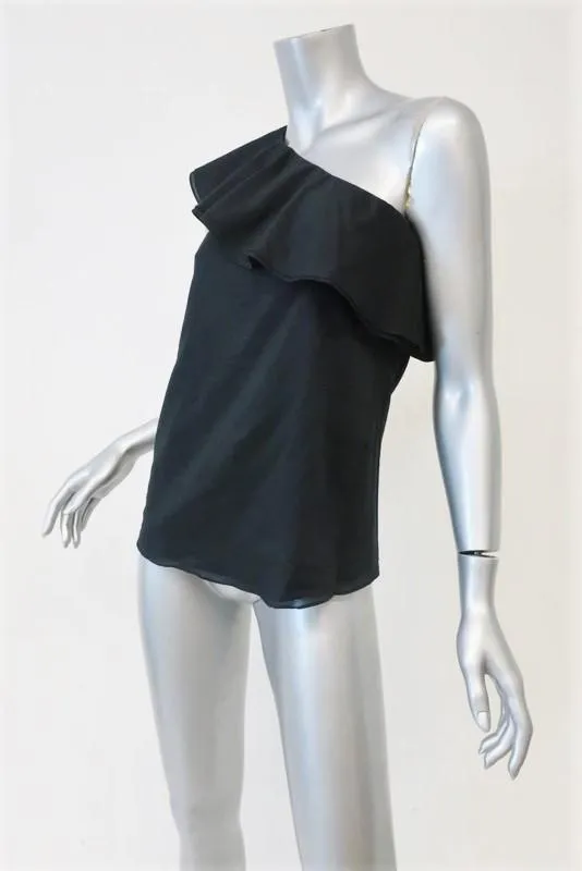 Theory One Shoulder Top Damarill Black Ruffled Cotton Size Petite