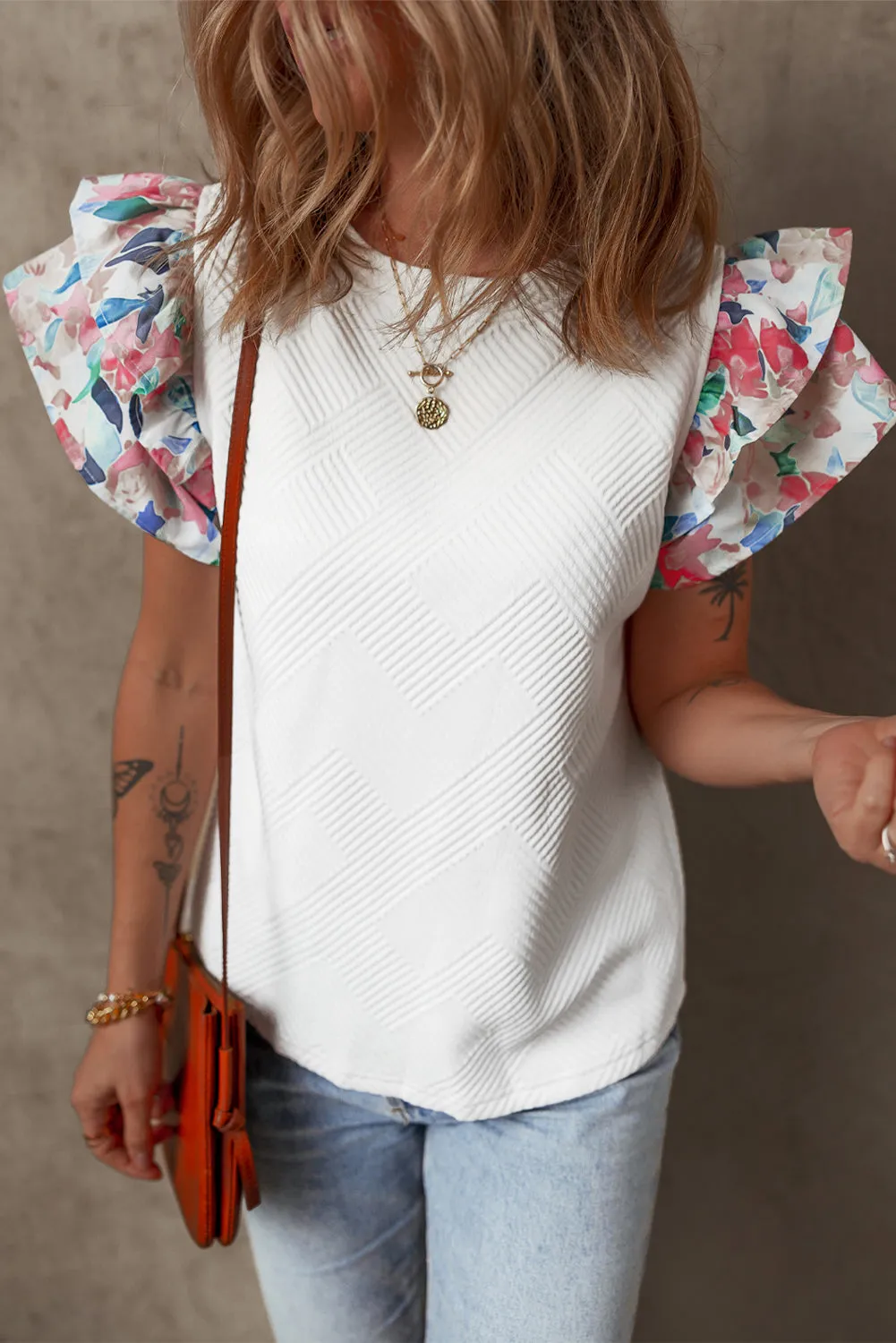Tiered Ruffled Sleeve Textured Knit Top