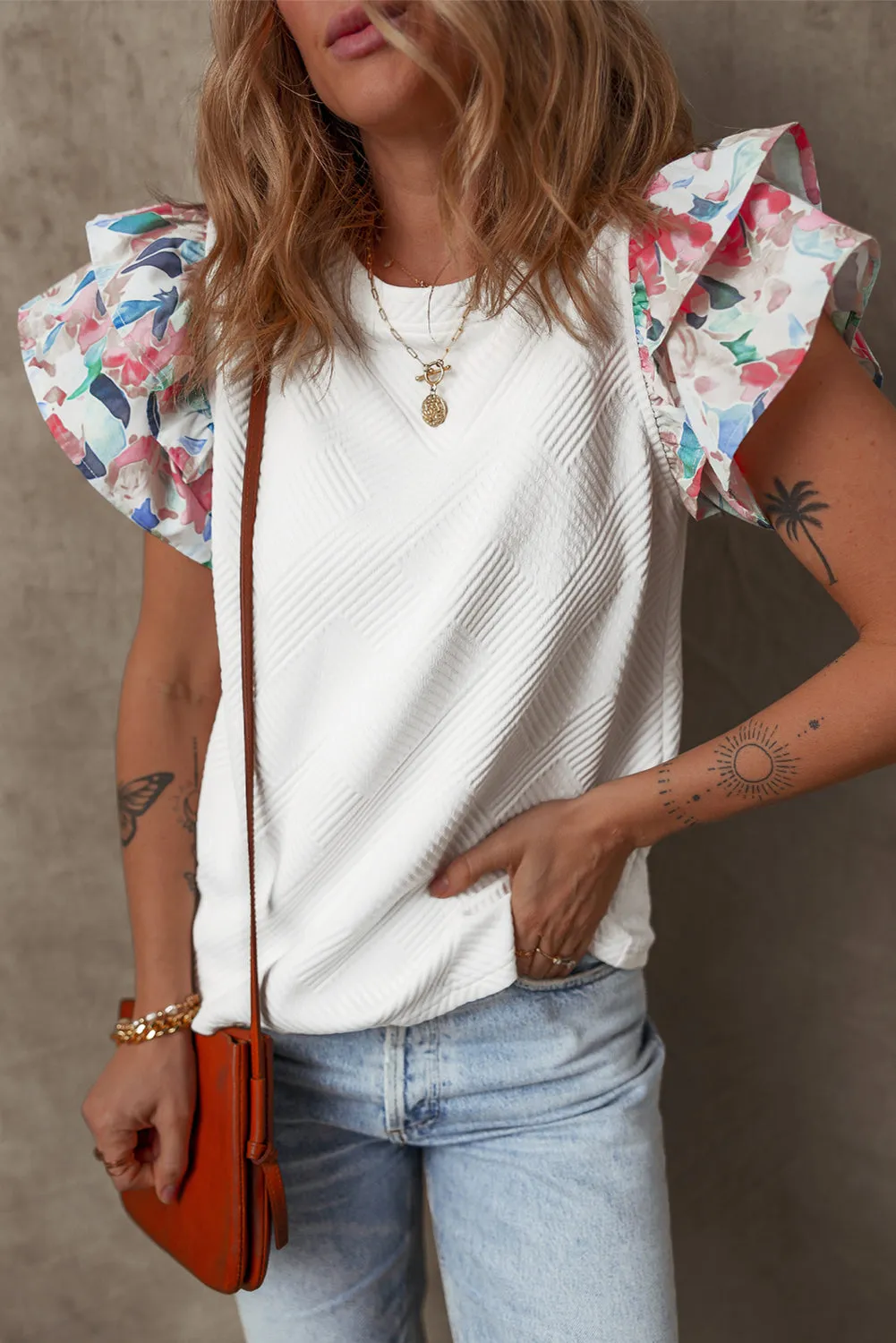 Tiered Ruffled Sleeve Textured Knit Top