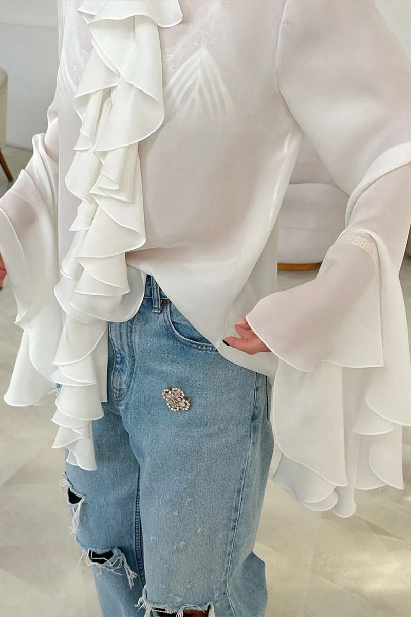 TK653 Ruffled Long Sleeve Shirt