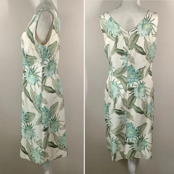 TOMMY BAHAMA 100% Silk Hawaiian Floral Dress Midi Sheath Tiki Party Luau Size 6